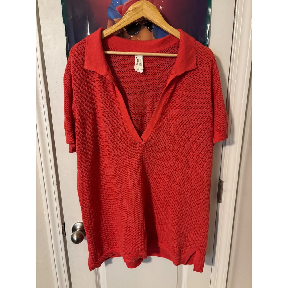 Pact Organic Cotton Open Knit Polo Shirt Red Short Sleeve Mesh V-Neck XL